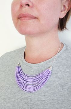 Lavender purple seed beads bib necklace Lavender Necklaces With Colorful Round Beads, Lavender Necklace With Colorful Round Beads, Lavender Beaded Necklaces For Jewelry Making, Lavender Beads For Jewelry Making, Lavender Beaded Necklaces With Round Beads, Lavender Beaded Necklaces With Faceted Beads, Lavender Beaded Necklace With Faceted Round Beads, Purple Beaded Necklace With Tiny Beads For Jewelry Making, Purple Multi-strand Beads For Jewelry Making