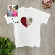 "Custom Valentine Sequin T-Shirt, Gift For Girlfriend, Valentines Day Shirt, Heart Shaped Sequin With Picture Shirt, Anniversary Gift The perfect personalized sequin T Shirt to remember the important memory with your love one! A perfect sentimental gift for your love one for your Anniversary, Birthday, Valentines Day or any other special occasion! There are two sides of the sequin and can be reversible. Your custom image or message is printed on one side of the reversible sequin, while the other side is your choice of multiple beautiful sequin colors: Red, White, Black, Gold, Silver(See picture 7) ❤️HOW TO ORDER: >Order the listing >Leave the sequin color you want (See picture 7) on the \"Add your personalization\" box >Send photo via Etsy message after purchase   ❤️About PRODUCT: >Made wi Mother's Day Short Sleeve T-shirt With Heart Print, White T-shirt With Heart Print For Mother's Day, White Heart Print T-shirt For Mother's Day, Valentine's Day Gift T-shirt With Heart Graphic, Heart Graphic Shirt For Valentine's Day Gift, Mother's Day Heart Print Short Sleeve T-shirt, Short Sleeve T-shirt With Heart Print For Mother's Day, White Shirt With Heart Graphic For Mother's Day, Crew Neck T-shirt With Heart Graphic As Gift