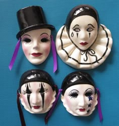 !Here are 4 beautiful hand painted decorative Mardi Gras ceramic masks; mimes or pierrots from New Orleans, in black & white. Three of them are by Fancy Faces Co. & one by Cast of Millions. These are the smaller masks, ranging from 6.25" x 5.5" to 4" x 3.5". They are very cute & in excellent condition. Offered at a great price! Thank you for stopping by! Mardi Gras Ceramic Masks, Kitschy Halloween, Ceramic Masks, Mardi Gras Masks, Clown Core, Clown Face, Ceramic Mask, Mask Collection, New Orleans Mardi Gras