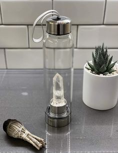 a glass bottle sitting on top of a counter next to a small cactus in a pot