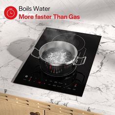 a stove top with boiling water on it and the words boils water more faster than gas