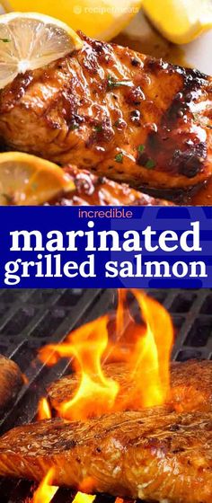 grilled salmon and lemons on the grill with text overlay that reads marinated grilled salmon