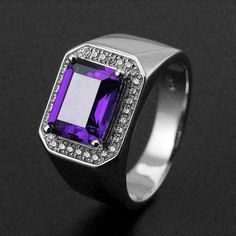 2.22 Ct Emerald Simulated Amethyst Daily Men Fashion Ring 14K White Gold Finish Classic Purple Gemstone Signet Ring, Purple Gemstone Signet Ring For Anniversary, Classic Amethyst Crystal Ring For Formal Occasions, Classic Purple Signet Ring For Anniversary, Classic Amethyst Crystal Formal Ring, Classic Purple Signet Ring, Formal Purple Gemstone Signet Ring, Classic Purple Signet Ring With Polished Finish, Classic Purple Signet Ring For Formal Occasions