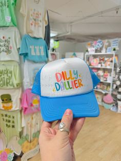 Dilly Dallier Trucker Hat - Hat Hand Painted Hats Design, Fun Curved Brim Hats For Baseball Season, Fun Curved Brim Baseball Hats, Playful Blue Trucker Hat With Curved Brim, Hand Painted Trucker Hats, Painted Trucker Hats, Hand Painted Hats, Painted Clothing, Lake Days