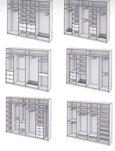 four different types of closets are shown in this drawing, each with drawers and shelves