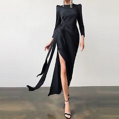 Ingvn Long Sleeve O Neck Satin Split Women Maxi Dress Autumn Winter Fa Chic Long Sleeve Dress For Banquet, Long Sleeve Midi Dress For Banquet, Fall Party Long Sleeve Sheath Dress, Fall Sheath Long Sleeve Dress For Party, Non-stretch Midi Dress For Fall Party, Winter Dinner Midi Dress, Fall Party Sheath Maxi Dress, Fall Midi Dress For Banquet, Fall Sheath Maxi Dress For Party