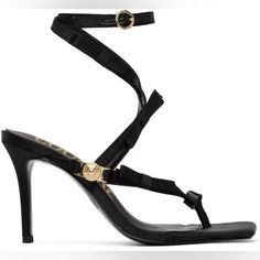 Worn Twice. Super Cute! Sz 39 Chic Square Toe Heels For Gala, Versace Heels, Versace Shoes, Satin Heels, Versace Jeans Couture, Versace Jeans, Black Bow, Heeled Sandals, Stiletto Heel