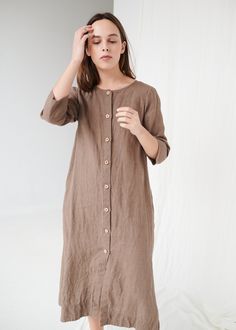 "The Elena is a casual, all-season dress with three-quarter sleeves and a button closure, making this dress functional and nursing-friendly. It is a great pick for those days when all that matters is how to get most of the day. This garment is true to size, and we recommend choosing the size you usually wear. If you want the garment to be loose-fitting, choose a larger size than you usually wear. Before placing an order, check the approximate measurements of the finished garment given below. Mod Brown Linen Dress, Elena Dress, Maxi Linen Dress, Anna Dress, Olive Dress, Long Linen Dress, Summer Linen Dresses, Linen Maxi Dress, 80 Dress