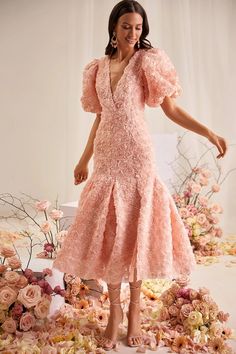 Simona 3D Floral Dress with Puff Sleeves | Afterpay | Laybuy Spring Wedding Guest, Backless Midi Dress, Soft Coral, 3d Rose, Pink Tone, Looks Chic, Coral Color, Looks Vintage, Fancy Dresses