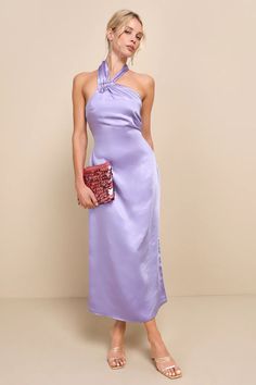 Lavender Satin Dress - Midi Slip Dress - Halter Midi Dress - Lulus Chic Lavender Dress For Date Night, Chic Lavender Midi Dress For Evening, Elegant Lavender Midi Dress For Party, Purple Midi Dress For Summer Formal Events, Chic Lavender Midi Dress For Party, Summer Purple Midi Dress For Formal Occasions, Purple Formal Midi Dress For Summer, Chic Lavender Cocktail Dress, Lavender Midi Evening Dress