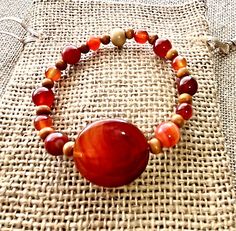 ad eBay - Carnelian Gemstone and Wood Beaded Stretch Cord Bracelet 7-1/2" Fall Autumn - Buy Now, click the link (eBay)