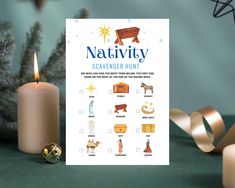 a nativity scavenger hunt is shown next to some christmas decorations and candles