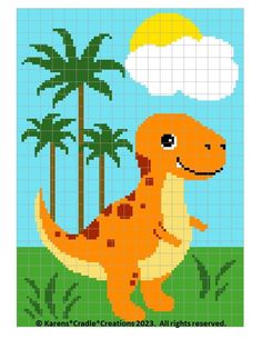 a cross stitch pattern with an image of a dinosaur in the grass and palm trees