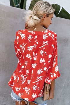 Red Floral Button Down Top Red Trendy Blouse With Button Closure, Red V-neck Blouse With Button Closure, Red Button-up Blouse For Vacation, Red Trendy Blouse For Vacation, Trendy Red Blouse For Vacation, Red Button-up Blouse For Beach, Red Button-up Blouse For The Beach, Red Blouse With Button Closure For Spring, Red Vacation Tops With Button Closure