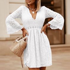 Womens Crochet Lace Mini Dress Flare Long Sleeve V Neck Evening Party Elegant Casual Pleated Short Dress Plus Size Short Dress Plus Size, Pleated Short Dress, Sheer Long Sleeve Dress, Boho Beach Dress, Flare Long Sleeve, Casual Party Dresses, Elegant Casual, Womens Floral Dress, Long Dress Casual