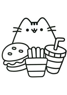 a black and white drawing of a cat holding a drink, hamburger and soda in front of it