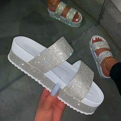 White Rhinestone ,Platform ,Double Band Sandals, Slip On , Narrow Fit, Size 10 Fits Size 9.5, New White Rhinestones Open Toe Sandals, White Rhinestone Open Toe Sandals, White Open Toe Sandals With Rhinestones, White Synthetic Sandals With Rhinestones, White Rhinestone Sandals For Summer, Double Strap Sandals, Orthopedic Shoes, Rhinestone Sandals, Platform Slippers