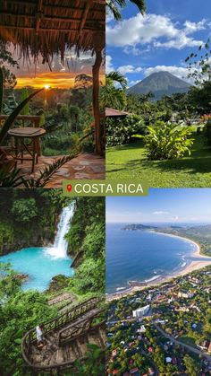 costa rica collage with pictures of the coastline and mountains