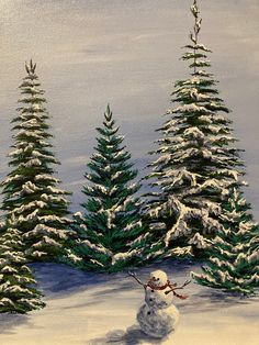 a painting of a snowman with trees in the background