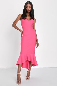 Make it into a memorable night of fun with the Lulus Stun Like Me Hot Pink Bodycon Trumpet Hem Midi Dress! Medium-weight ponte knit constructs this stunning number that features a V-neckline and darted bodice supported by adjustable spaghetti straps. High-fitted waist tops a figure-flattering midi skirt with an elegant trumpet silhouette and ruffled high-low hem. Hidden side zipper/clasp. Couples Outfits Classy, Kentucky Derby Couples Outfits, Hot Pink Bodycon, Trumpet Silhouette, Pink Bodycon, Casual Formal Dresses, Trumpet Dress, Pink Cocktail Dress, Perfect Little Black Dress