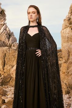 Celina Straight See-Through Mesh Lace Floor Length Cape - MEAN BLVD Bridesmaids Spring, Sequin Cape, Crystal Lace, Mean Blvd, Chiffon Evening Dresses, فستان سهرة, Round Neck Dresses, Lace Evening Dresses, Cape Dress