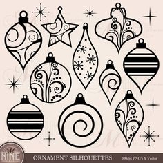 christmas ornaments clipart set in black and white