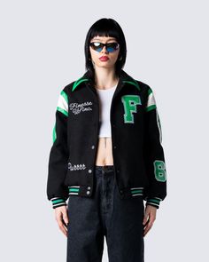 Captain of the bad b*tches 😘 Lead your team in style with this black and green varsity jacket Long Sleeve Varsity Jacket With Letter Patch For Streetwear, Black Varsity Jacket With Letter Patch, Black Winter Outerwear With Letter Patch, Fall School Varsity Jacket With Letter Print, Fall Letter Print Varsity Jacket For School, Hip Hop Varsity Jacket With Baseball Collar, Hip Hop Varsity Jacket With Baseball Collar For Streetwear, Hip Hop Streetwear Varsity Jacket With Baseball Collar, College Style Varsity Jacket With Baseball Collar