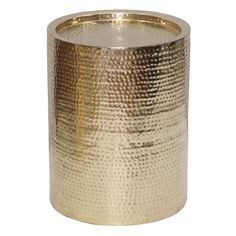 a gold colored metal candle holder on a white background with the lid open to show it's texture