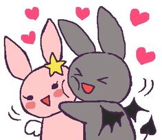 two cartoon rabbits hugging each other with hearts in the sky behind them and stars on their backs