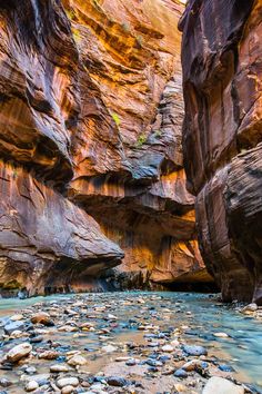 a river running through a narrow canyon filled with rocks