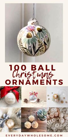 christmas ornaments with the words 100 ball ornaments ornament's in red and white