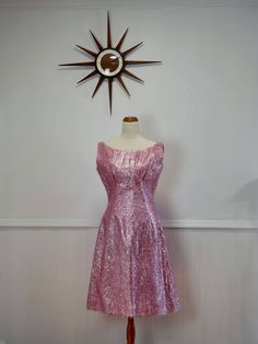 Vintage 1950s barbie pink tinsel party dress. This dress is an absolute dream, and extremely rare. It has been professionally hand made. Measurements: Bust 36" (underarm to underarm) Underbust seam 30" Waist 27" ( Hips 36"-38" (depending where measured) Total length 39" Length from top of straps to underbust seam 11.5" Length top of straps to waist 15" In excellent condition, noting a couple of tiny dark spots at the bottom of the chiffon, only picked up on these when photographing (haven't trie 1950s Barbie, 1960s Dresses, Dress Clothes For Women, Vintage 1950s, Dark Spots, Party Dress, Art Collection, Bathing Beauties, Dress Outfits