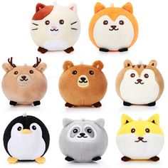 the stuffed animals are all different colors and sizes, including one with an animal's face