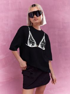 Oversized Dolman Sleeves T-Shirt With Front Print Black Casual  Short Sleeve Knitted Fabric Graphic  Medium Stretch  Women Clothing, size features are:Bust: ,Length: ,Sleeve Length: Acl Fits, Brand Merch, Oversize Tshirt Outfits, Tshirt Outfits, Kids Beachwear, Dolman Sleeve, Spray Paint, Bra Tops, Black Tshirt