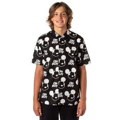 This Disney meets Neff officially licensed Mickey Mouse button-down collared shirt is a timeless classic for Disney fans. This shirt features an allover print design of a Mickey Mouse silhouette face and "Oh Boy" text. This top is made of 100% Cotton with quality in mind. The fabric is soft, lightweight, and breathable, ensuring a comfortable fit all day long. This button-down shirt is versatile and trendy. You can dress it up with chinos for a casual yet refined look, or pair it with jeans or shorts for a relaxed vibe. Whether you're visiting the Happiest Place on Earth or just want to channel a bit of that Disney magic in your everyday life, this shirt is the perfect choice. Size: S.  Color: Black.  Gender: unisex.  Age Group: adult. Black Disney Short Sleeve Shirt, Black Disney Cotton Shirt, Black Short Sleeve Mickey Mouse Shirt, Black Mickey Mouse Short Sleeve Shirt, Casual Mickey Mouse Summer Shirt, Casual Summer Mickey Mouse Shirt, Summer Casual Mickey Mouse Shirt, Black Disney Top For Summer, Black Disney Summer Top