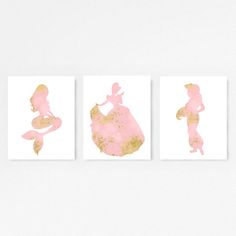 three pink and gold princess silhouettes on white paper, each with a different color scheme