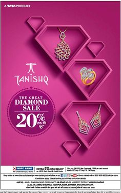 an advertisement for tanisho diamond sale with jewelry items on pink and white background