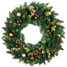 a christmas wreath with ornaments and greenery