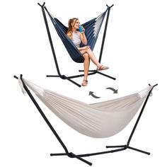 a woman sitting in a hammock with two legs and one leg extended to the side