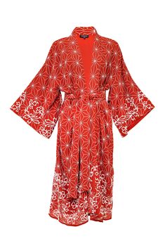 This terracotta coloured fully lined kimono is a statement piece. It features  a traditional Japanese Asanoha all over embroidery with peonies on the hem and sleeves.  The belt has embroidery detail on the tails.  Style this with jeans, shorts or over a dress or wear as a robe around the house. This kimono is super versatile to add endless style to any outfit. The outer fabric and lining are 100% Viscose.  Dry clean only. Ceremonial Clothing, All Over Embroidery, Stocking Fillers For Her, Long Kimono, Traditional Japanese, Embroidery Details, Independent Designers Fashion, Fashion Labels, Fast Fashion