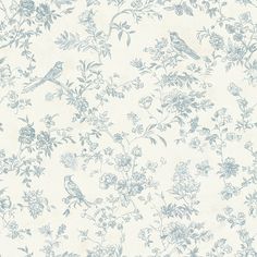 a blue and white floral wallpaper with birds on it