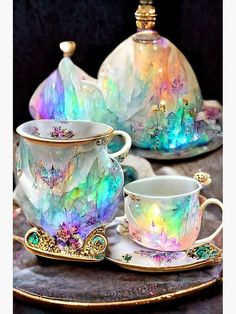 the tea set is decorated with an iridescent theme and gold trimmings