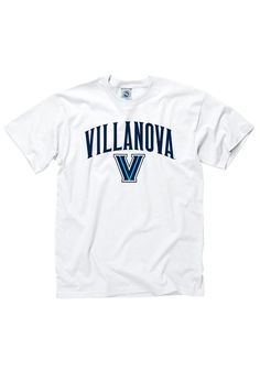 Show off your team pride in this Villanova Wildcats White Arch Short Sleeve T Shirt! This Villanova Short Sleeve Tee features a screen printed wordmark `Villanova` with the V logo. Make sure everyone knows you root for the Wildcats with this White Villanova T Shirt. Go Wildcats! Classic Fit, Tubular construction, Taped neck and shoulders, Quarter-turned to eliminate center crease, Unisex, Fit: True to Size, 100% Cotton White Collegiate Top With Text Print, Collegiate White T-shirt With Text Print, White Collegiate T-shirt With Text Print, Collegiate Style White Tops With Logo Print, Basic College Tops With Logo Print, Basic Tops With Logo Print For College, White Collegiate T-shirt With Team Logo, Collegiate White Pre-shrunk Tops, White Arch