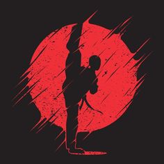 the silhouette of a person holding an umbrella in front of a red sun with grungy paint