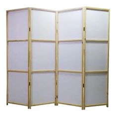 a room divider made out of wood and white canvass with three panels on each side