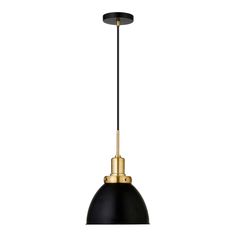 a black and gold pendant light hanging from a ceiling fixture with an adjustable cord to the side