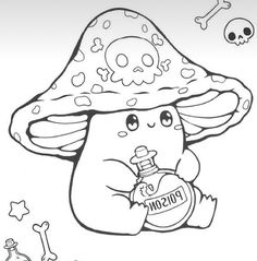 a cartoon character holding a bottle in front of a mushroom with bones and bones on it