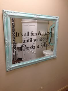 Distressed vintage mirror with fun nail salon saying added in vinyl lettering Nail Room Ideas Home Small, Nail Room Ideas Home, Home Nail Salon Ideas, Nail Bar Ideas, Home Nail Salon, Hair Salon Decor