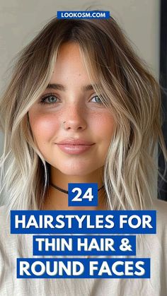 Best Hairstyle For Rounded Face, Medium Haircuts Round Face, Long Bob On Round Face, Face Thinning Haircuts, Round Face Fine Hair Haircuts, Haircuts For Fine Hair And Round Face, How To Style Thinning Hair Women, Fine Hair Round Face Hairstyles, Fine Blonde Hairstyles