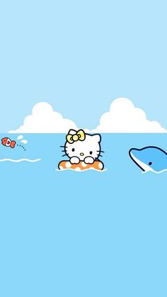 hello kitty floating in the ocean with other animals